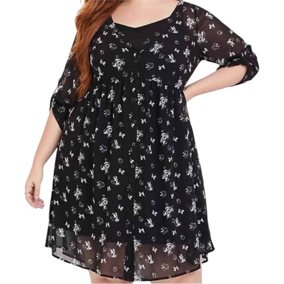 Disney Dresses & Skirts - Torrid X Disney Minnie Mouse Babydoll Dress Size 2X Black Sheer Button Front